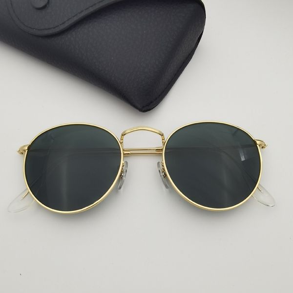 

metal round frame sunglasses men women fashionable glass lens model driver gafas sol de diseÃ±aor includes yellow and black leather box, White;black