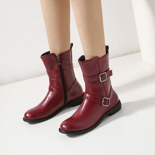

boots fashion women shoes zipper buckle med heel woman round toe pu leather ankle autumn winter girls 33-46, Black