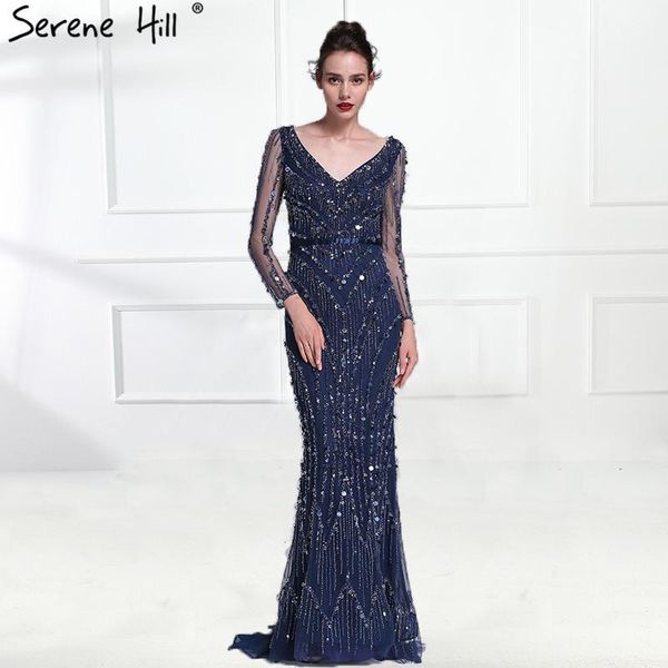 

luxury pink navy blue beading mermaid tulle evening dress v-neck long sleeves elegant evening gowns 2019 real p la60101, White;black