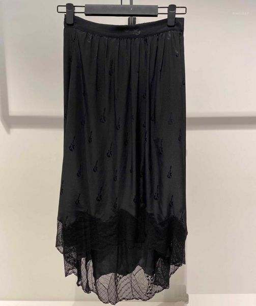 

lace stitching print women silk dress casual wild elastic waist lady midi skirt1, Black