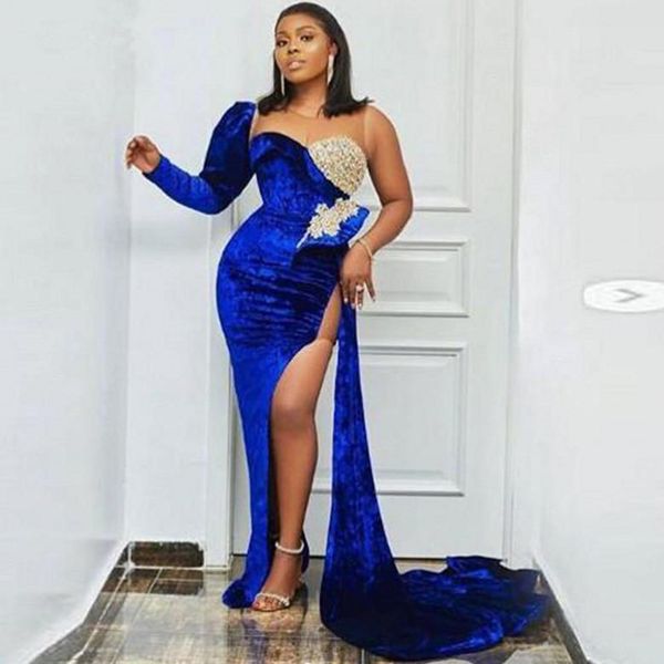 

african evening dress mermaid plus size sheer neck one shoulder prom dress side split aso ebi party wear robe de soiree, Black
