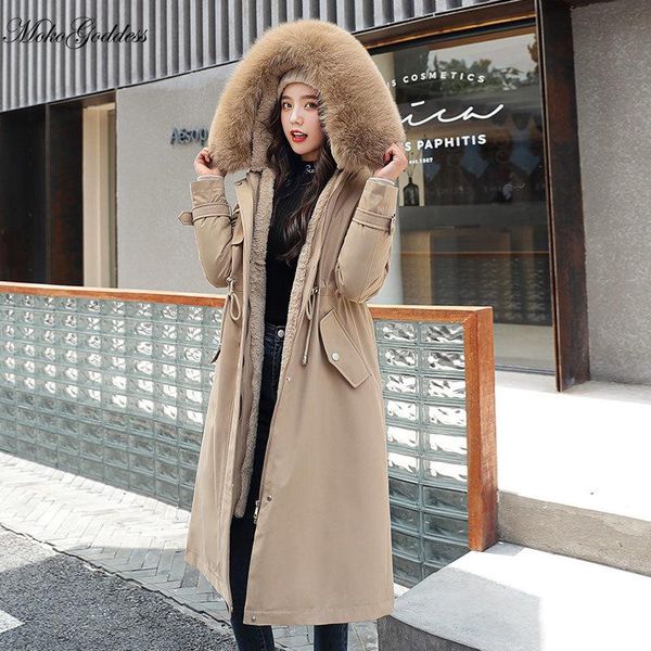 

women's down & parkas moko fashion cotton liner parker 2021 winter jacket women long hooded parka adjustable waist warm fur collar coat, Black