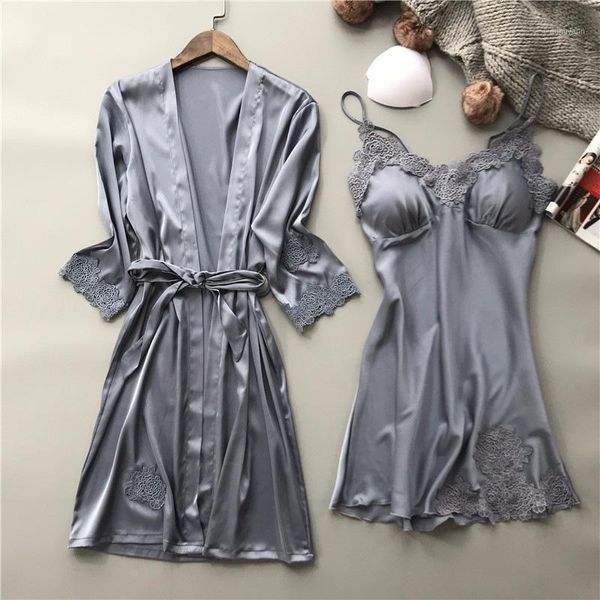 

female kimono bathrobe gown suit with belt v-neck short spaghetti strap nightdress vintage lace trim lounge home wear1, Black;red