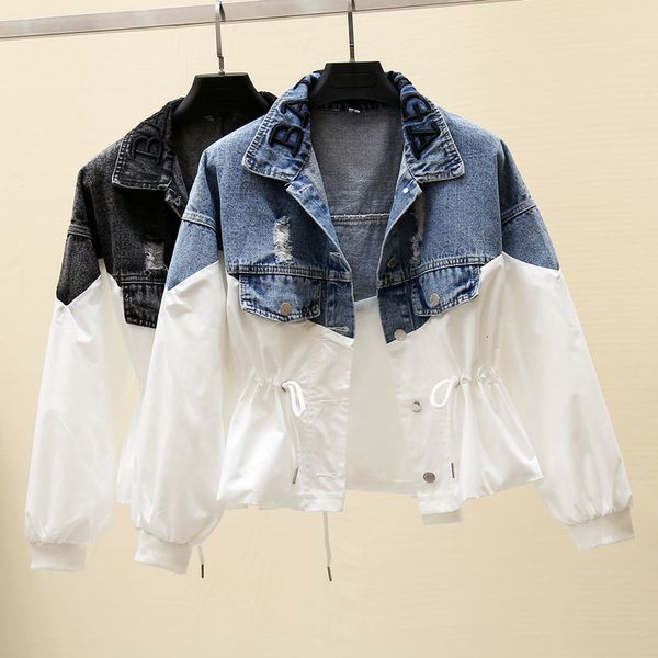 

2021 autumn new women denim jacket loose windbreaker female students patchwork jackets casual short jeans coats outwear p750, Black;brown