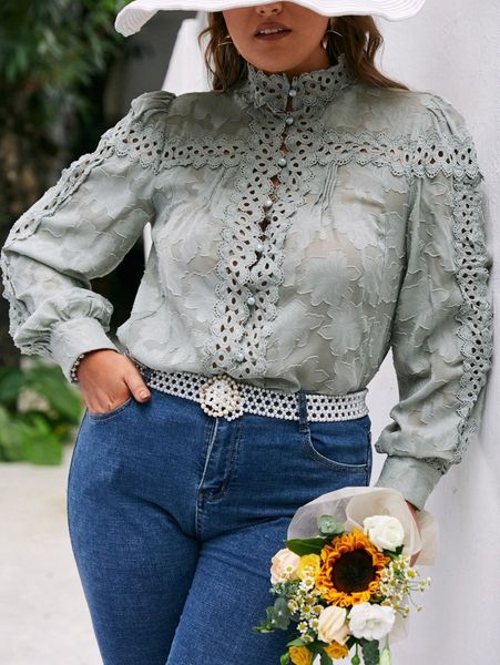 

simplee plus jacquard contrast guipure lace bishop sleeve blouse h8od#, Black