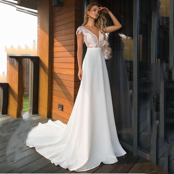 

elegant satin v neck a-line wedding dresses 2021 boho bridal gowns backless vestido de noiva plus size brautkleider vintage, White