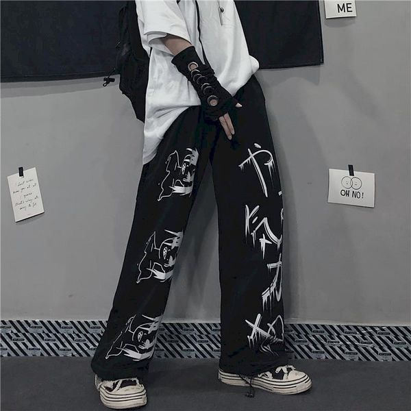 

japanese anime ins retro streetwear high waist pants women plus size casual trousers womans wide leg straight couple clothes, Black;white
