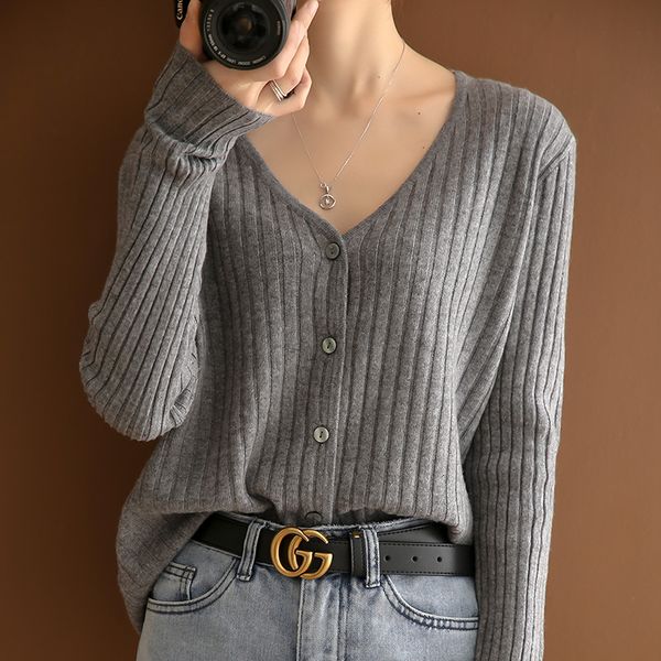 

2021 new spring jackets 100% knitted women's cardigans long neckline loose shirts wool standard clothes kfr8, White;black