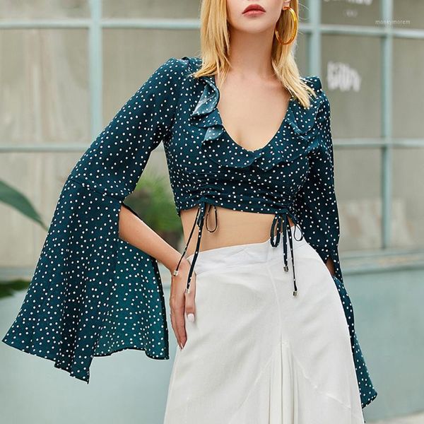 

women's blouses & shirts women summer chiffon commuter chic vintage polka point elegant v-neck short split flared green long-sleeved b, White