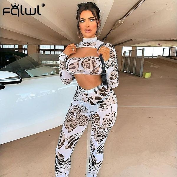 

fqlwl casual leopard print summer 2 two piece set women club outfits hollow out bodycon crop leggings women matching sets1, White