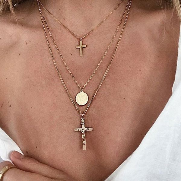 

pendant necklaces vintage multi layers cross necklace for women gold color long chain coin choker female 2021 boho jewelry gifts, Silver