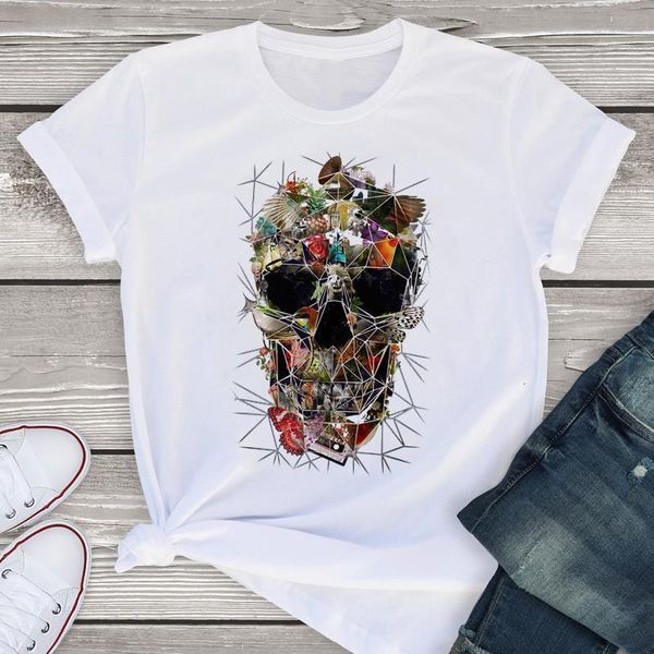 

women graphic short sleeve summer floral harajuku skull horror lady shirt tees clothing female t shirt womens t-shirt, White