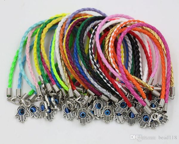 

turkey 100pcs eyes /lots hamsa "mixed hand leather -lucky charm pendant bracelet 17 -21cm6khd