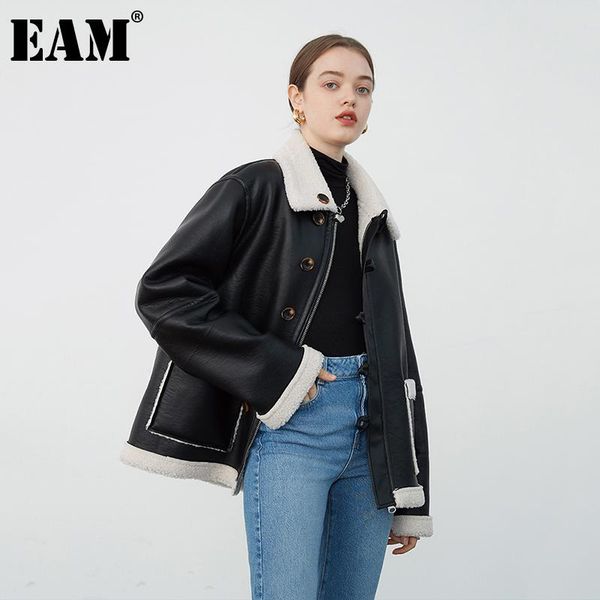 

eam] lambswool both side wear pu leather loose fit jacket new lapel long sleeve women coat fashion autumn winter 2020 1dc189, Black;brown