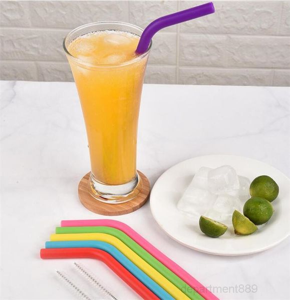 

a-8pcs/lot food grade drinking reusable bent set with two brushes recycling silicone cocktail straws owe2124