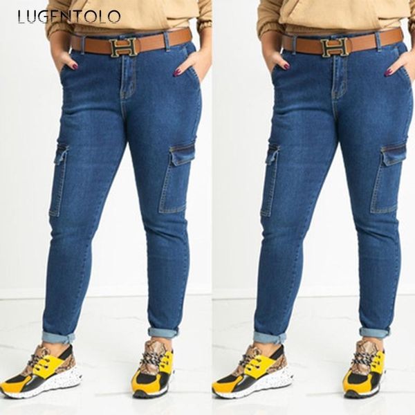 

lugentolo spring autumn popular jeans women's side solid pocket denim casual tight slim pants female long pencil jeans1, Blue