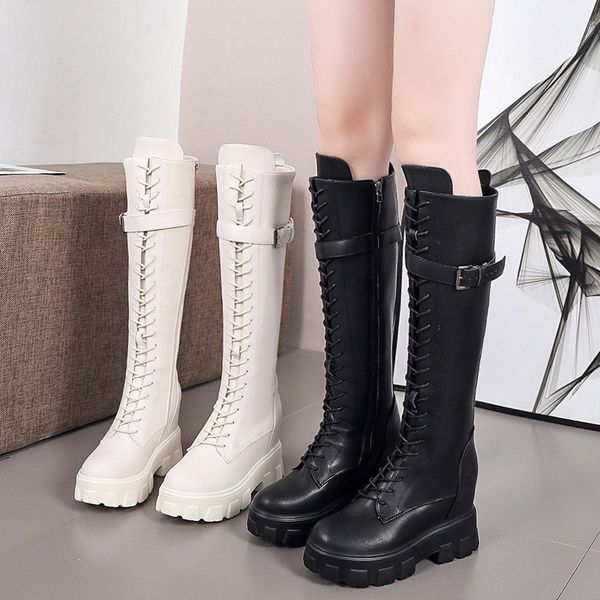 

2020 winter platform mid-calf brand fashionable robust gladiator leather boots 9cm high wedge women's shoes 5b86, Black