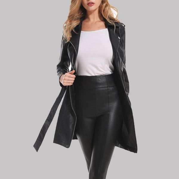 

women's leather & faux europe and america pu jacket locomotive slim long autumn winter the zipper belt sleeve coat, Black