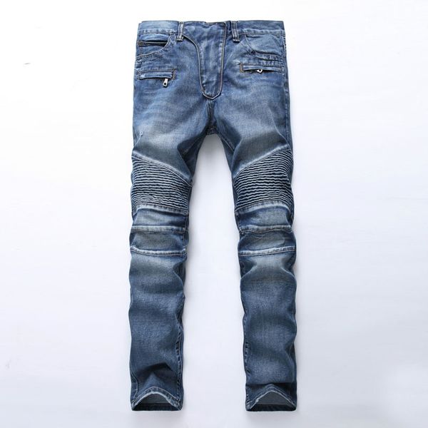 Homens negros azul de alta qualidade jeans jeans plissado mens denim calça slim denims biker de algodão magro casual moda casual calça roupas