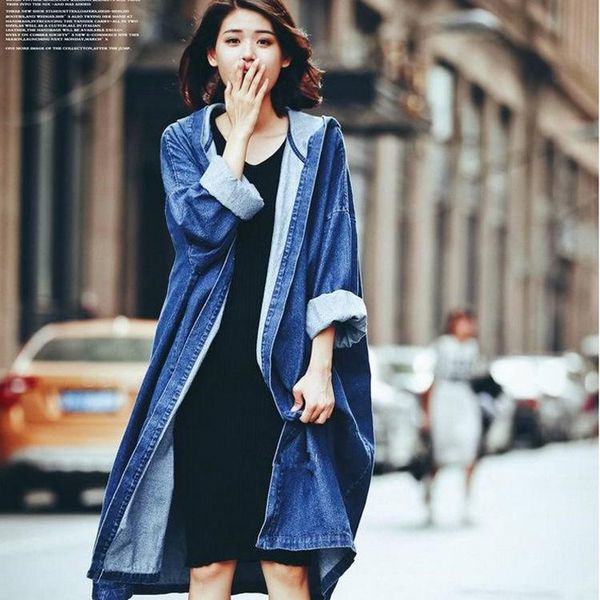 

women's trench coats coat women clothing 2021 autumn loose the knee long hooded denim windbreaker jacket, Tan;black