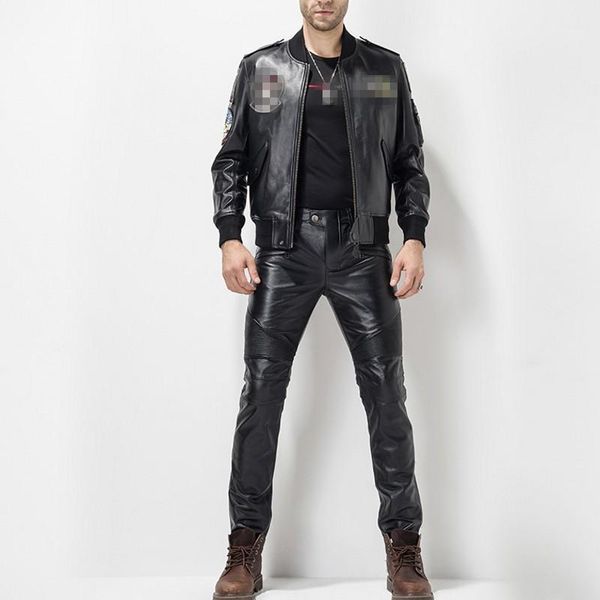 

windproof thicken winter new mens slim pants genuine leather cow male fashion 2020 zipper brand pants plus size 361, Black