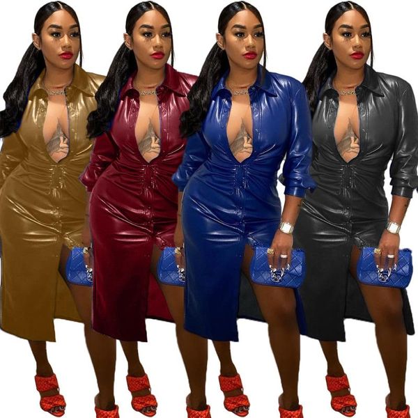 

rt women faux leather dresses single breasted long sleeve turn down collar pu dress winter autumn outdoor wear, Black;gray