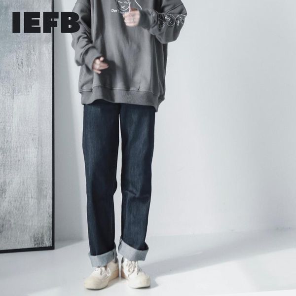 

men's jeans iefb vintage dark blue straight tube high waist denim pants double button design quality 2021 9y4224