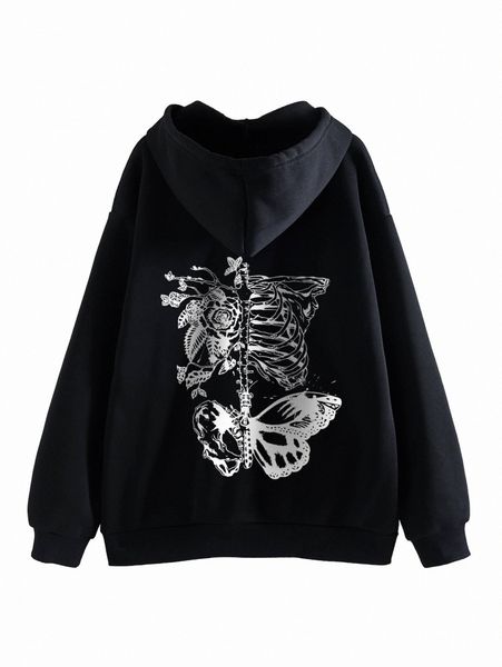 

skeleton & butterfly print drawstring thermal lined hoodie c1so#, White;black