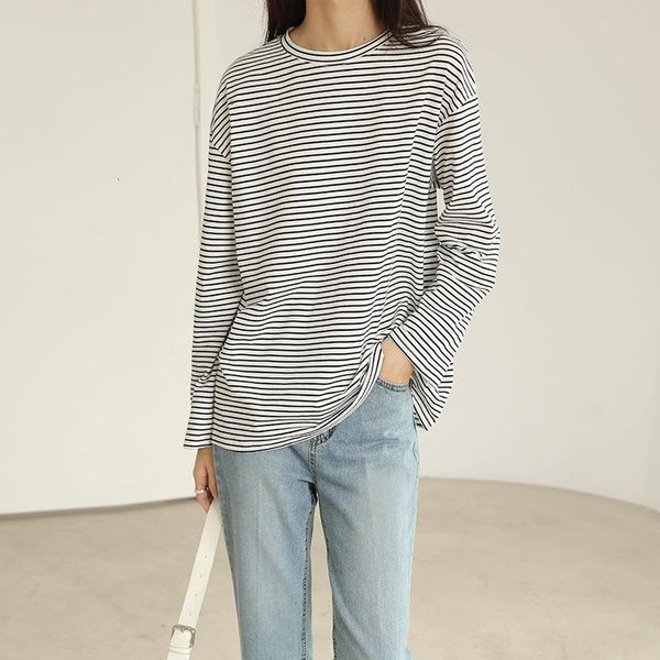 

хрубка с круглым вырезом хлопок разделить вершины для женщин с длинным рукавом узкая полоска, White