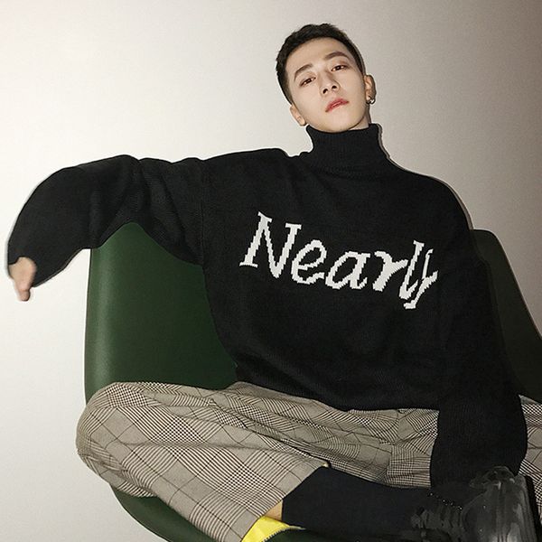 

2020 winter turtleneck men's korean loose lazy style autumn and winter fashion personalized t-shirt, White;black
