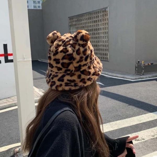 

leopard hat bucket print plush autumn winter ears women cute fur hat fashion fisherman thick basin faux bear hats warmth pnqkq, White;black