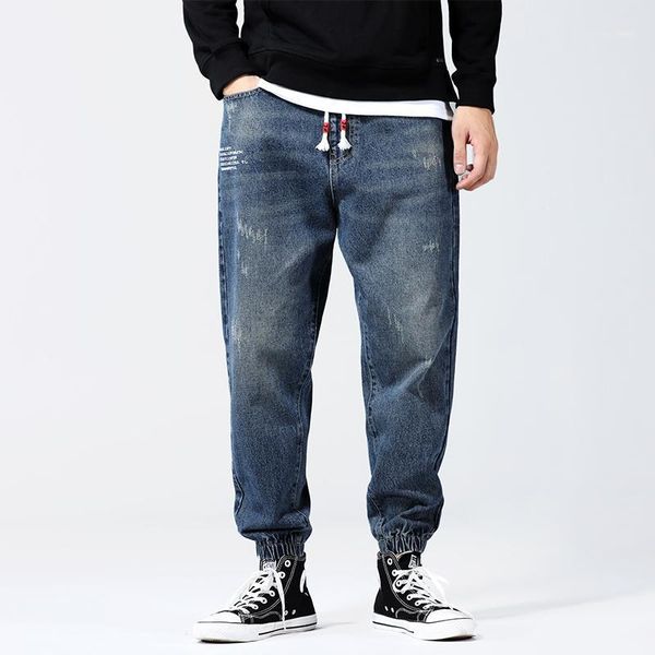 

drawstring jeans men's fashion washed solid color casual jean pants man streetwear hip-hop loose harem denim trousers mens s-3xl1, Blue