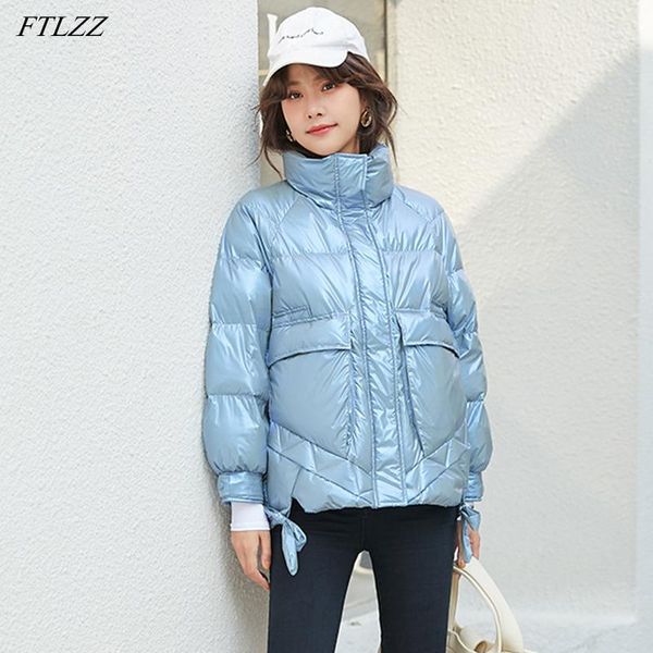 

ftlzz 2020 new winter women stand collar bright color short down parkas thickness warm loose 90% white duck down coat outwear1, Black