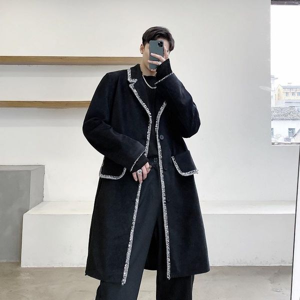 

men's wool & blends male streetwear vintage windbreaker cloak jacket overcoat men edging splice casual loose long thicken woolen trench, Black