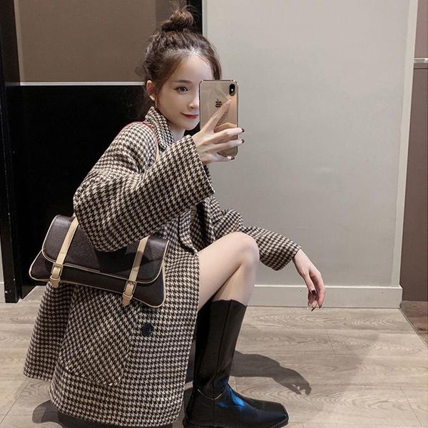 

new autumn winter plaid faux lamb fur parka wool coat women jacket women's female overcoat outerwear coats tweed female, Black