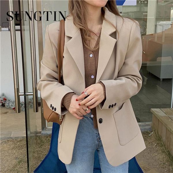 

sungtin korean vintage office lady blazer jackets women black casual loose blazer outwear elegant suit coat chic pockets 2021, White;black