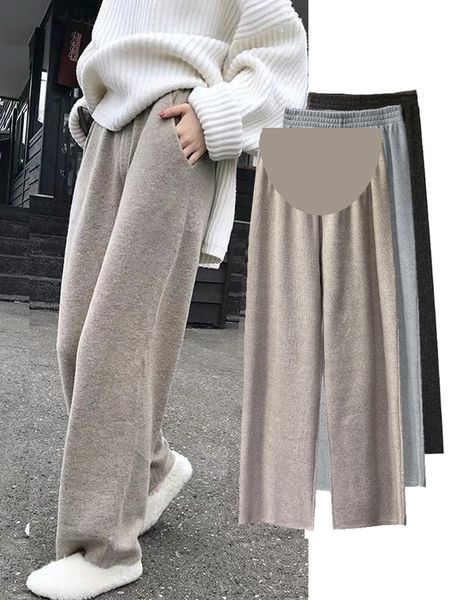 

pregnant pants in spring chaoma knitted wide leg pants, women's autumn and winter wear versatile loose drape feeling, White