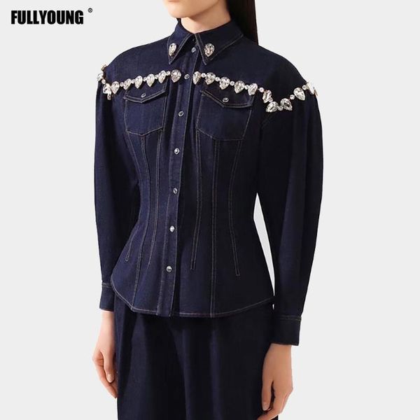 

women's jackets fullyoung women lapel single-breasted denim jacket heavy industry diamonds long sleeve solid color slim navy blue jacke, Black;brown