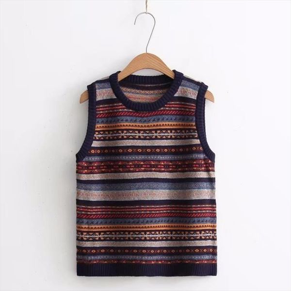 

autumn winter new fashion national wind knitted vest women loose striped round neck sleeveless sweater female basic knitwear, White;black