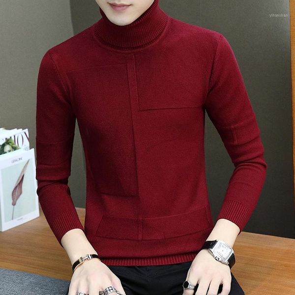 

turtleneck sweater men solid thin knitted pullovers male 2020 autumn winter slimming knitwear spliced stretch mens jumpers1, White;black