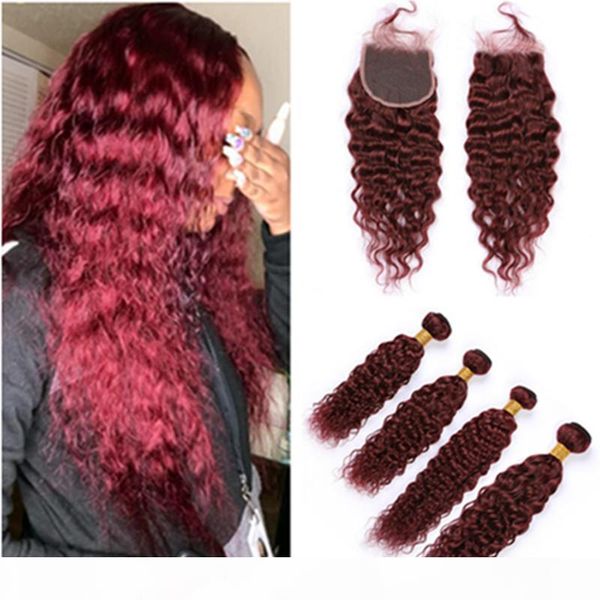 

99j wine red peruvian wet and wavy human hair closure with 4bundles burgundy virgin hair weaves water wave bundles with lace closure 4x4, Black;brown