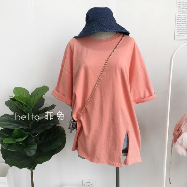 

solid color slit fashion loose short-sleeved round collar t-shirt female1, White