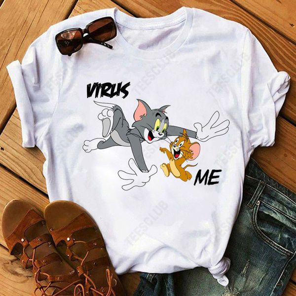 

2021 cute cartoon short sleeve printed round neck t-shirt, White