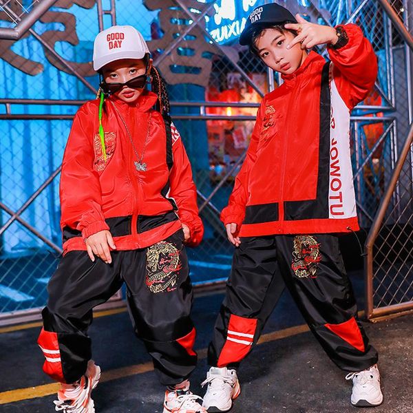

stage wear chinese drangon pattern costumes children hip hop performance dance red black pants modern jazz clothes bl4989, Black;red
