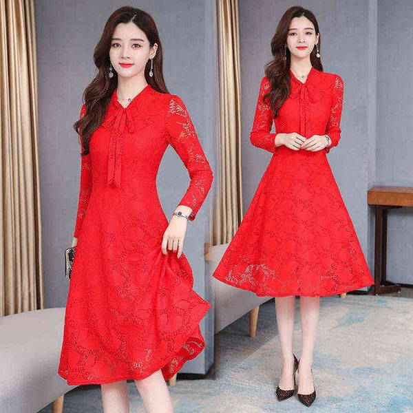 

luxury dress 2022 chung season lace tie bow neck waist slim temperament long sleeve dresses, Black;gray