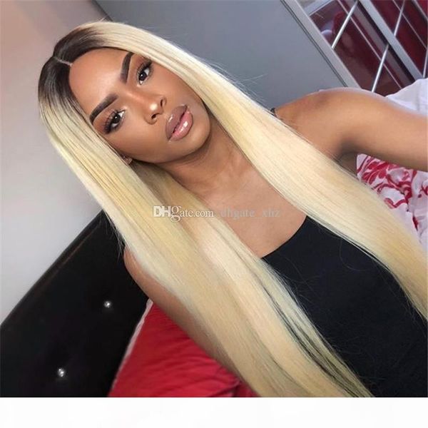 

full lace blonde wig ombre color 1b 613 two tone straight front lace wigs dark root with baby hair for white woman, Black;brown