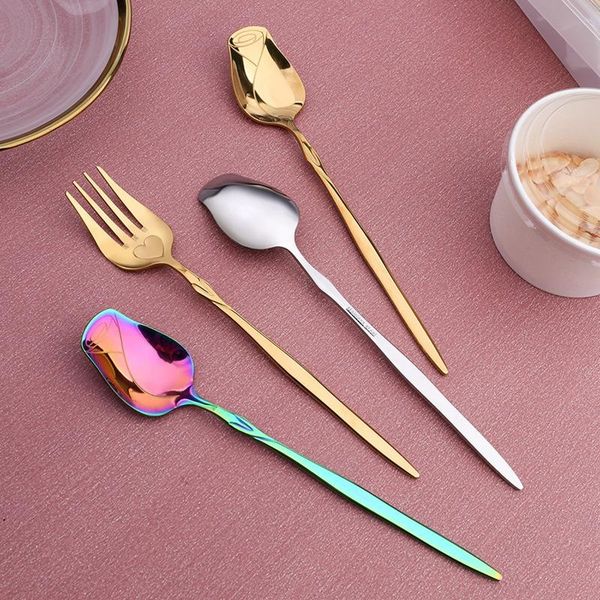 

forks stainless steel spoon vintage gold flower small coffee fancy sugar dessert teaspoon bar cafe tableware wholesale