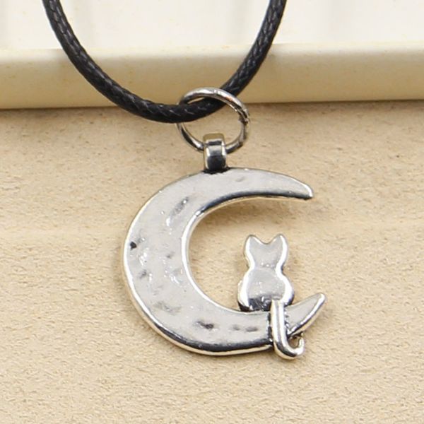 

tibetan silver color pendant moon cat necklace choker charm black leather cord factory price handmade jewelry xd3r