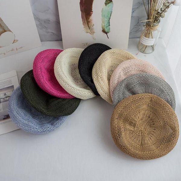 

2020 spring summer french berets handmade knitted female beret women blue berets hollow breathable painter hat student, Blue;gray
