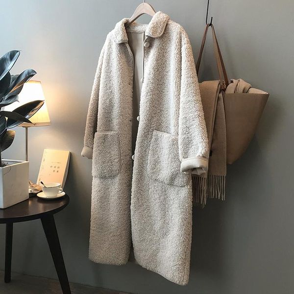 

women's fur & faux 2021 simple winter lamb coat female korean version loose round neck stripes mid length fashion top, Black